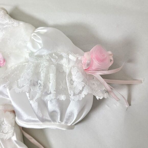 Vintage Kids Fashion Dress 18M White Poly Satin Lace Pink Rosettes Pleated Fancy - Picture 4 of 9